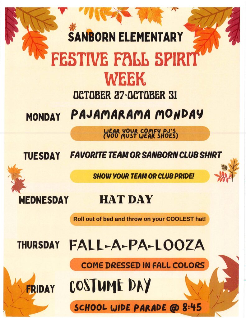 Sanborn Elementary's Festive Fall Spirit Week schedule, featuring themed dress days from October 27 to 31.