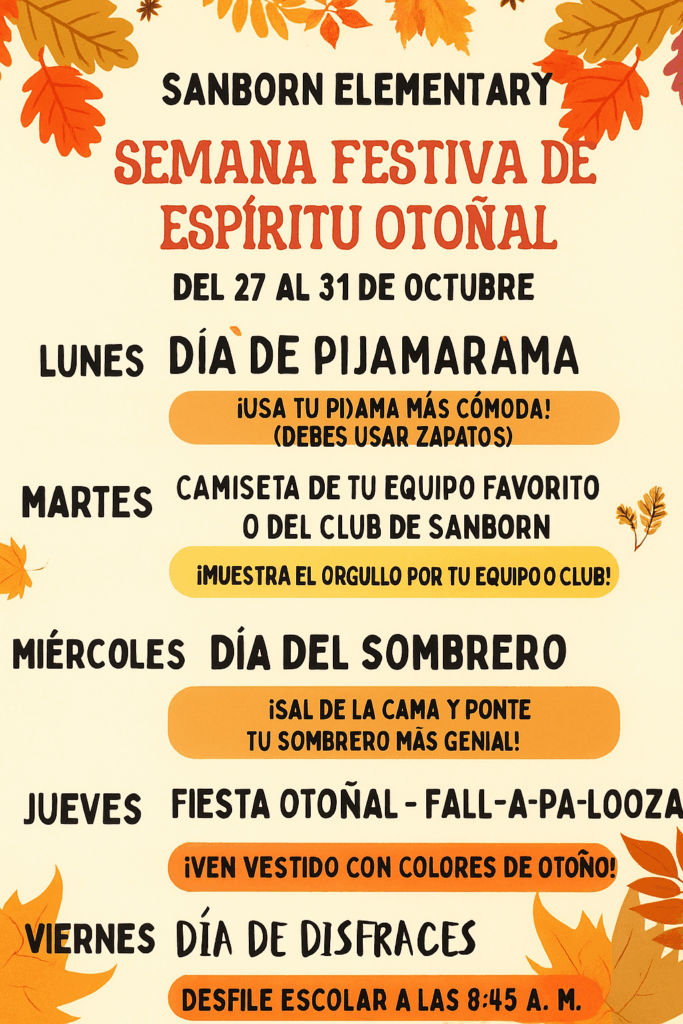 Fall spirit week schedule at Sanborn Elementary, featuring themed dress days from October 27 to 31.