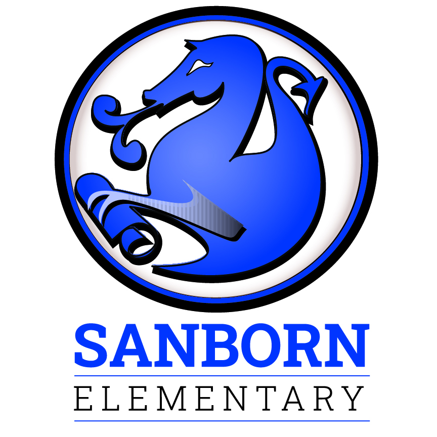 Sanborn Elementary logo. Graphic of a dragon in a circle with smoke blowing out of its nose. 