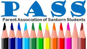 Text:  PASS stands for Parent Association of Sanborn Students with a row of colored pencils.