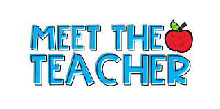 Text: Meet the Teacher in blue letters with an image of a red apple.