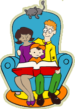 Mother and father in blue chair reading a book to their child.