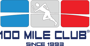 Outline of a runner with a blue block to the left and a red block to the right. Text: 100 Mile Club