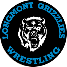 Longmont Grizzlies Wrestling lettering in blue with a black background with an image of a grizzly bear in the center in white.