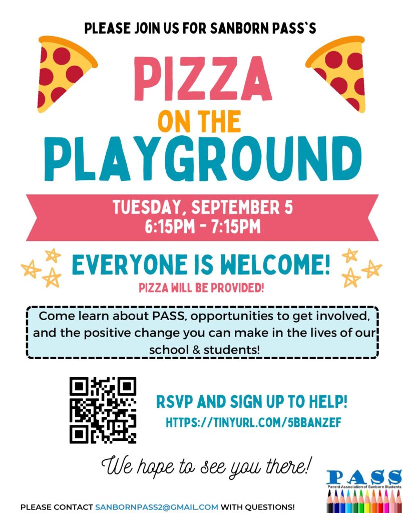 Flyer with details about PASS' Pizza on the Playground event.  Tuesday, September 5th from 6:15-7:15PM.  Come to learn about our PASS group and opportunities to get involved.  RSVP and sign up to help at https://tinyurl.com/5BBANZEF  Images of pizza slices and stars.