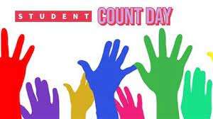 Text: Student Count Day  Image of multicolored raised hands.