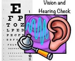 Image of a vision screening eyechart, otoscope, human ear with the text Vision and Hearing Check.