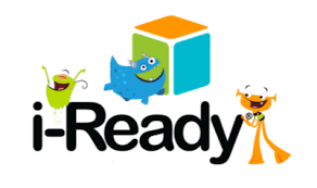 Text: I-Ready with a 3 sided block--green side, blue side, orange side.  Images of cute blue, green and orange monsters.