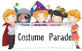 Image of students in costumes: vampire, pirate, witch, little girl, caveman holding a banner with the text Costume Parade.
