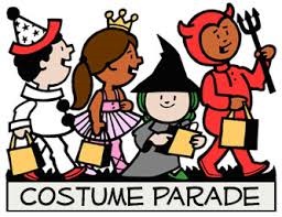 Clip art image of 4 trick or treats--clown in a white costume, ballerina in pink tutu, witch in a grey costume & devil in a red costume.