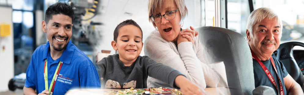 Photograph of SVVSD employees:  young man with black hair and a blue polo, woman in a white sweater, male bus driver, student working on puzzle.