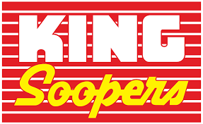 King Soopers Logo--red backround with white stripes.  King in in white lettering, Soopers is in yellow lettering.