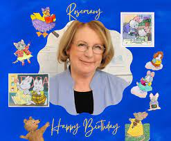 Image of the author,  Rosemary Wells.  Images of her book characters around her: a goose, kitten, rabbits, bear, mouse.