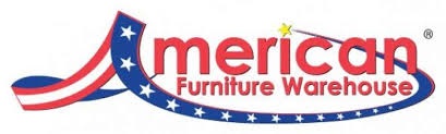 Text: American Furniture Warehouse  Image:  The A in American is red, white and blue with stars.