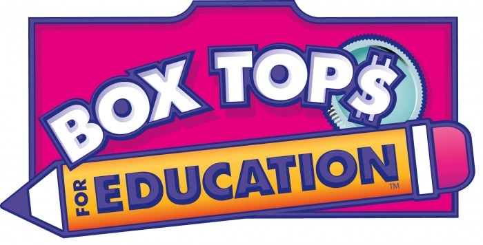 Text:  Box Tops  for Education.  Image:  Pink backround with a coin and a yellow pencil.