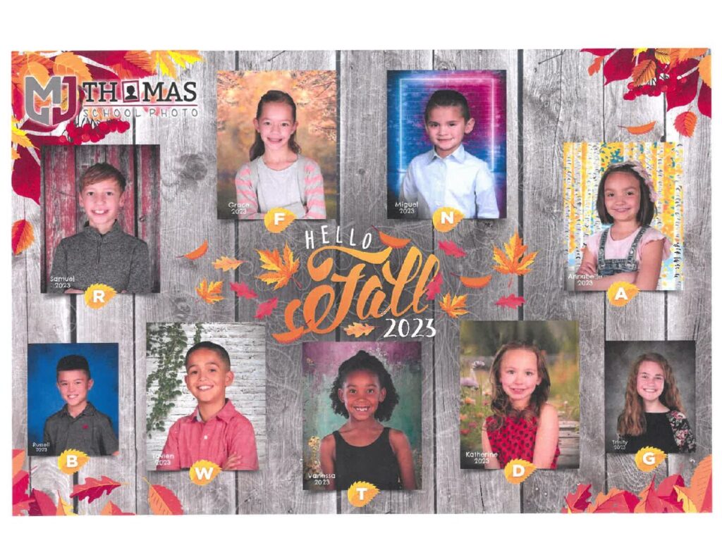 Picture day flyer with student portraits.  The background is wooden planks embellished with multicolored leaves.  Text:  MJ Thomas School Photo, Hello Fall 2023.
