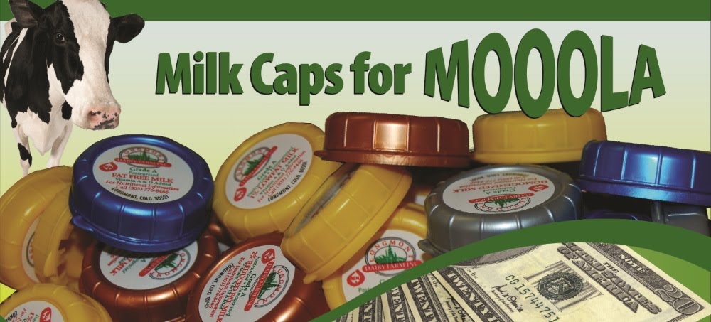 Text:  Milk Caps for Moola Image of multicolored milk bottle caps and paper money.