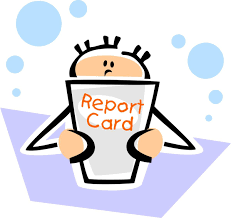 Image of a stick figure student holding a report card.  Blue bubbles are floating in the backround.