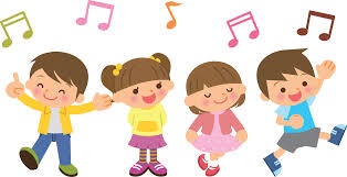 Clip art images of 4 children--2 boys and 2 girls--with musical notes floating above her head.