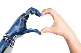 Image of a blue robotics hand and a human hand making a heart.

