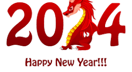 2024 in red letters with the 2nd 2 shaped like a red dragon.  Text:  Happy New Year!!