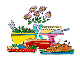 Image of a blue vase with pink flowers, a yellow bowl with a green salad, a pink cake plate with a yellow cake, a red casserole dish. a red tray with veggies and dip, a blue tray with salami rolls