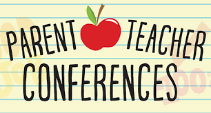 Image of lined yellow notebook paper with the text: Parent Teacher Conferences.  There is a red apple between the word parent and teacher.