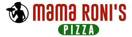 Mama Roni's in red text.  Pizza in green backround with white lettering.  Shadow image of a women holding a pizza in black.