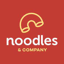 Red backround with the outline of a elbow noodle in yellow.  Text:  Noodles & Company is white and yellow text.