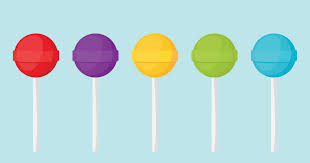 Row of round lollipops in red, purple, yellow, green and blue