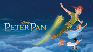 Image of Peter Pan characters soaring through the starry night sky. Text:  Disney Peter Pan in gold letters.