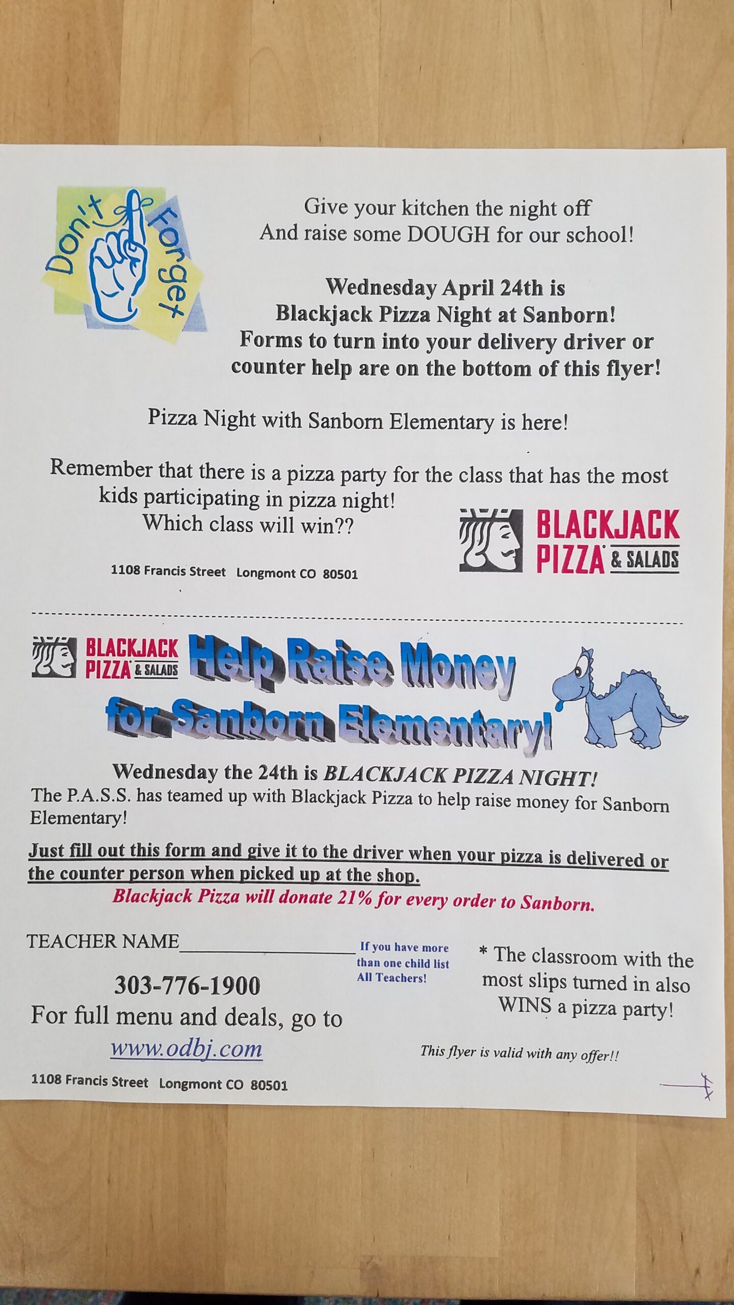 Sanborn Night at Blackjack Pizza Flyer.  Details in the text.