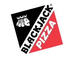 Image of a black, red and white pizza box with an image of a jack in the upper left hand corner with the text:  Blackjack Pizza.