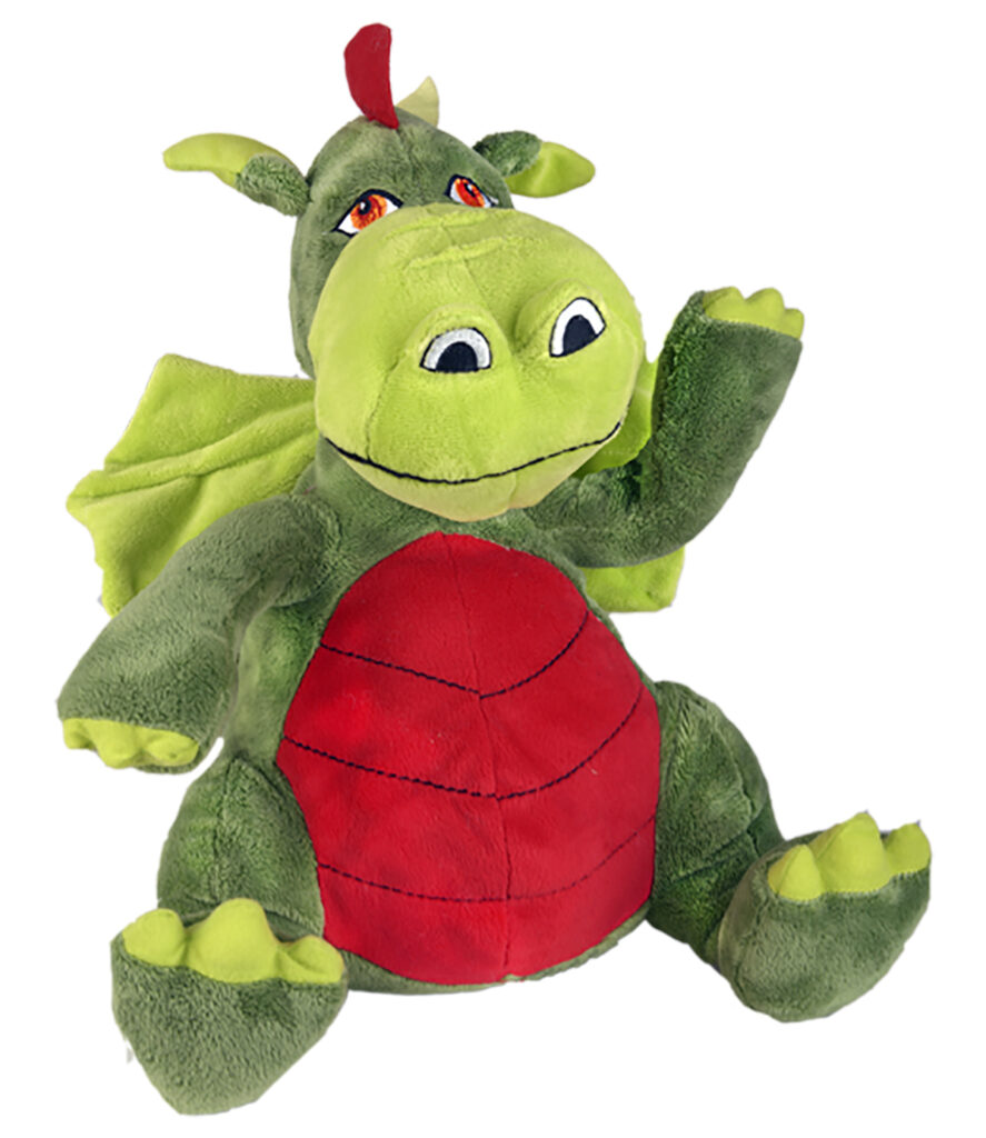 Picture of a green plush dragon with a red chest.