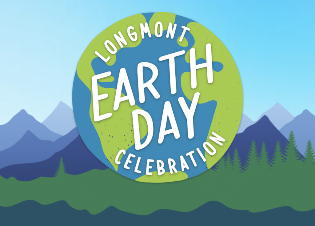 Image of a blue and green earth with a backround of mountains.  Text:  Longmont Earth Day Celebration in white letters.