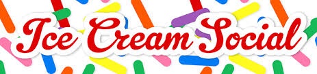 White backround with multicolored streamers with the text:  Ice Cream Social in red letters.