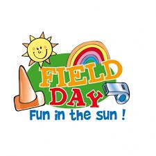 Image of a sun, traffic cone, rainbow, whistle with the text Field Day, Fun In the Sun.