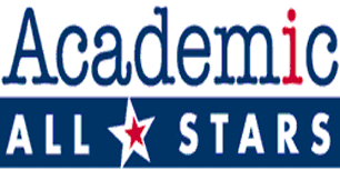 White and blue backround with the text in red, white and blue:  Academic All Stars.  Red and white star between All and Stars.