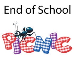 Image of the word picnic in checked lettering with a black ant perched on top.  Text in black lettering:  End of School