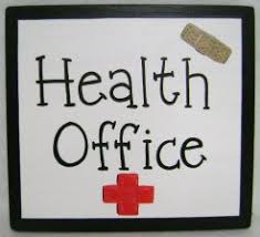 White backround with the text:  Health Office in black lettering.  Image of a red cross and and a Bandaid.