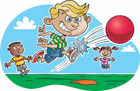 Image of a blond boy with a green & yellow striped shirt kicking a kick ball.  