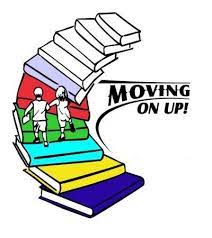 Image of multicolored books set up as steps with image of students walking up the steps.  Text in black:  Moving On Up