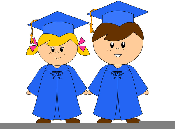 Image of a boy and girl wearing a blue cap and gown.