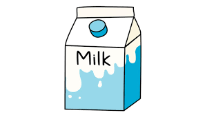 Image of a white carton of milk with blue accents.  Text:  Milk