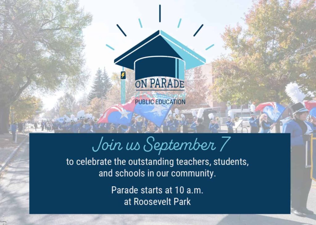 Text:  Public education on parade.  Picture of a marching band dressed in blue uniforms.  Image of a graduation cap--blue and light blue.