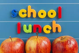 Text:  School Lunch.  Blue backround with white stripes.  Picture of red apples under text.