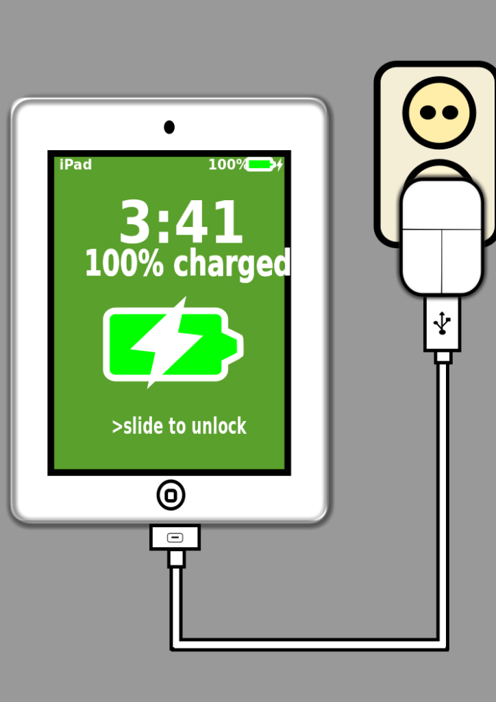 Image of a white ipad with a green screen that shows a fully charged battery icon.  iPad charging cored plugged into a wall socket.