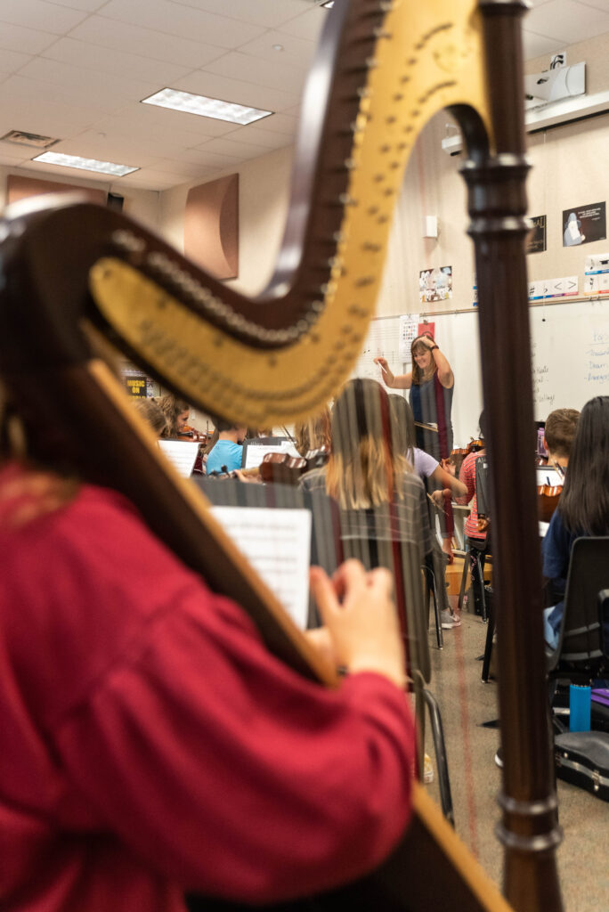 Photo of a student in a red sweater playing the harp.