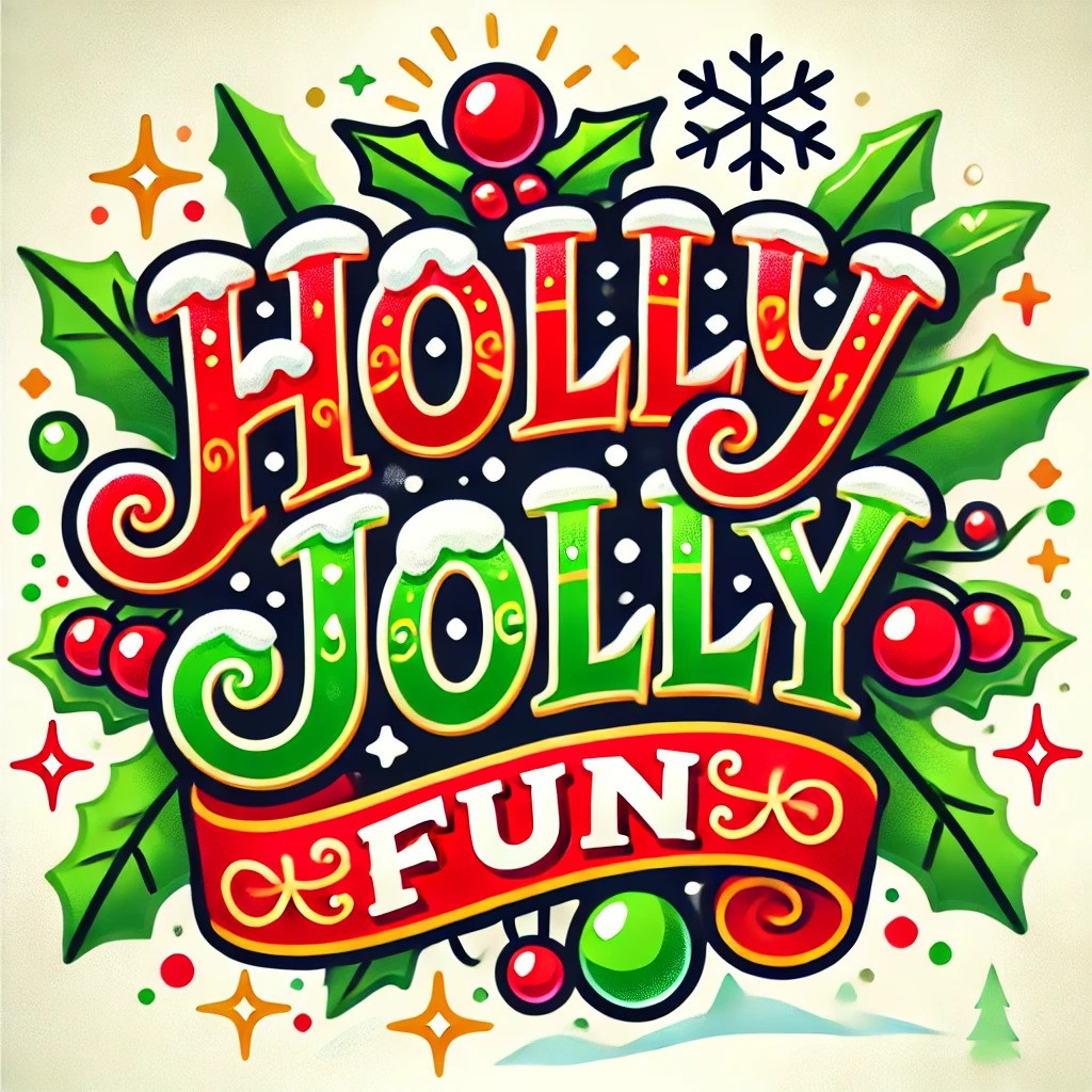 Image of red and green holly plants with the text:  Holly Jolly Fun