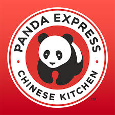 Red backround, image of   a black and white panda with the text:  Panda Express, Chinese Kitchen